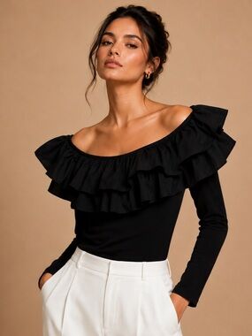 H&M Black Off-the-Shoulder Ruffle Long-Sleeve Top M